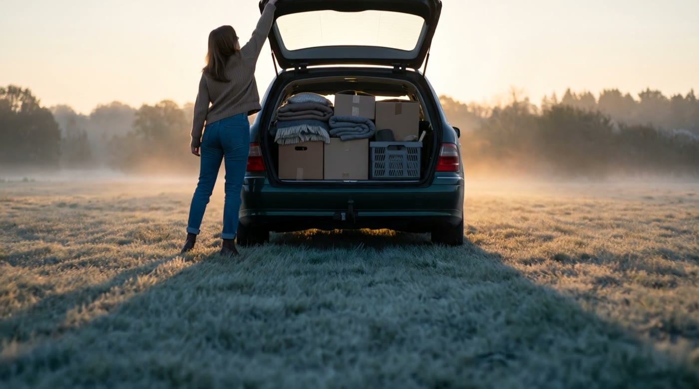 A packed car boot open on a frosted field at first light